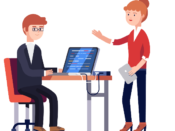 Ein Softwareentwickler und eine Softwarentwicklerin im Gespräch über Software-Features.