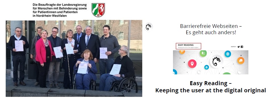 Left photo of the representative of the federal state government for people with disabilities and members of the advisory board for people with disabilities, right next to it Easy Reading Logo "Barrier-free Website - There is another way".