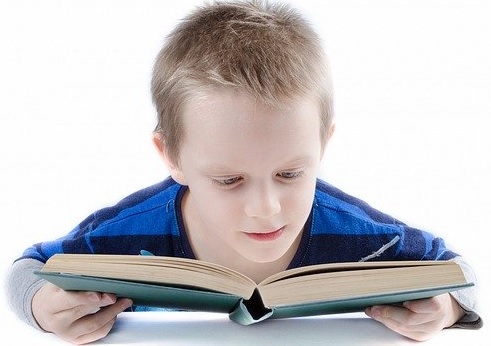 Little boy holding a book in both hands, attempting to read