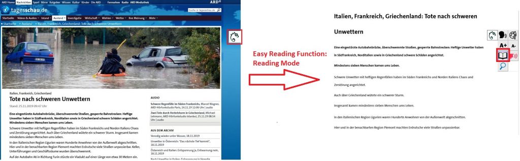 Vereinfachter Lesemodus am Beispield er ARD-Seite zum Thema Überschwemmungen in Italien. Auf der linken Seite ist die Originalseite zu sehen, auf der rechten Seite der vereinfachte Modus.