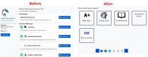 Auf der linken Seite ist der alte Einstellungsdialog in Tabellenform zu sehen. Auf der rechten Seite ist ein Schritt des neuen Einstellungsdialogs zu sehen. 