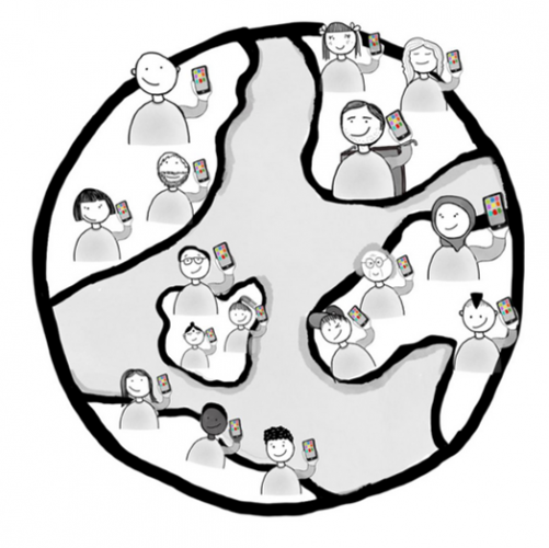 Illustration of a globe with people holding smartphones up in the air