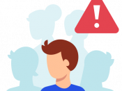Icon with 5 persons. One man is in the foreground and is shown in colour. Above the man is a red warning sign. In the background there are four people in light blue.