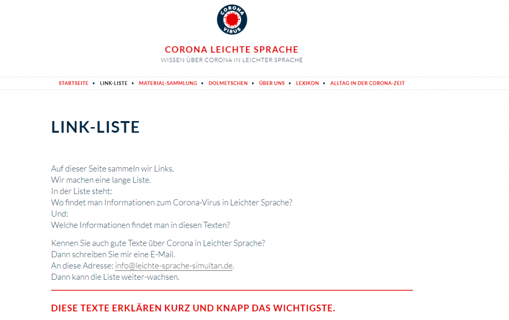 Screenshot Webseite Corona leichte Sprache