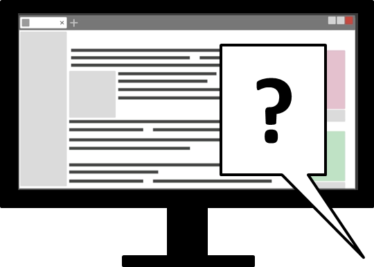 Icon Computerbildschirm mit geöffneter Webseite. Im Vordergrund eine Sprechblase mit einem Fragezeichen.