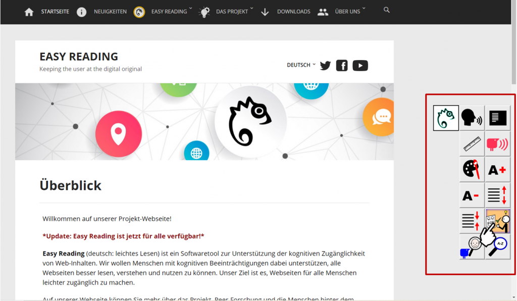 Easy Reading Startseite. Die Hilfen sind auf der rechten Seite geöffnet und die Symbolsprache Funktion ausgewählt.
