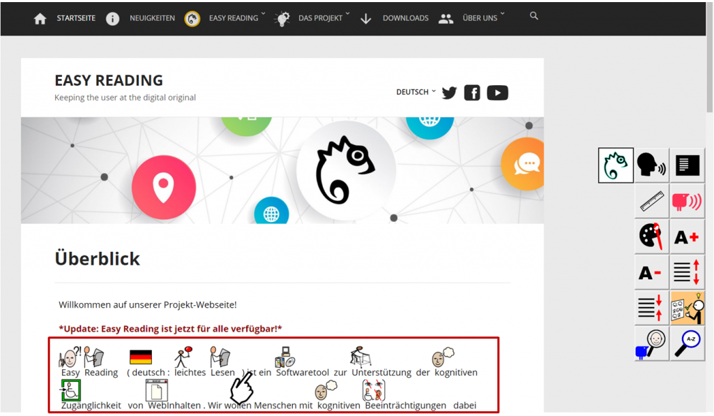 Easy Reading Startseite. Über dem Text befinden sich Symbole.